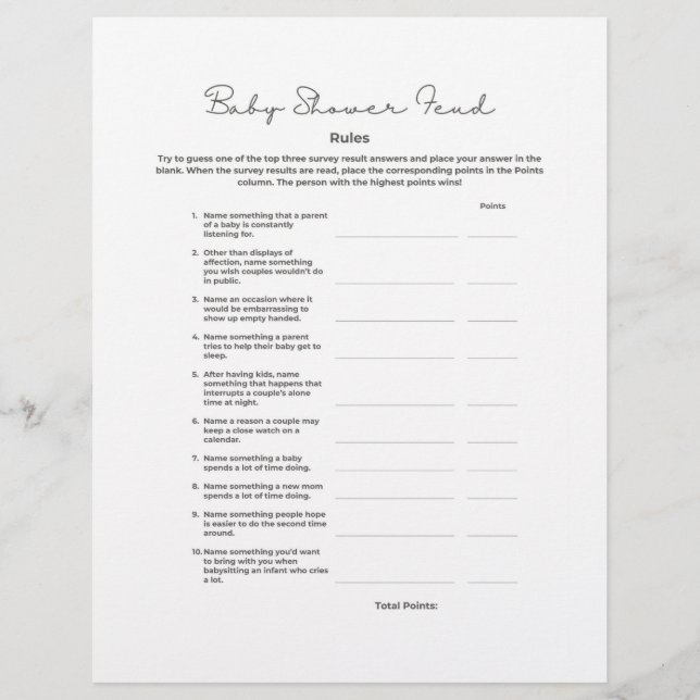 Papel Timbrado Baby Shower Jogo de Feud com Respostas (Frente)