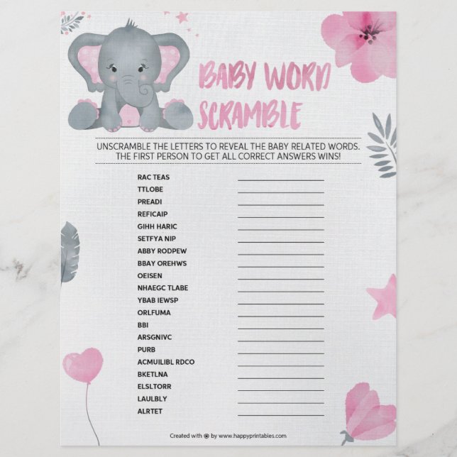 Papel Timbrado Baby Word Scramble [Baby Elephant [Pink]] (Frente)