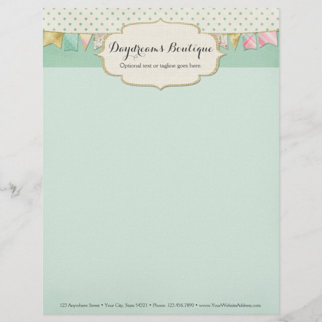 Papel Timbrado Bandeirola de Boutique Shabby Chic em Rosa, Verde- (Frente)