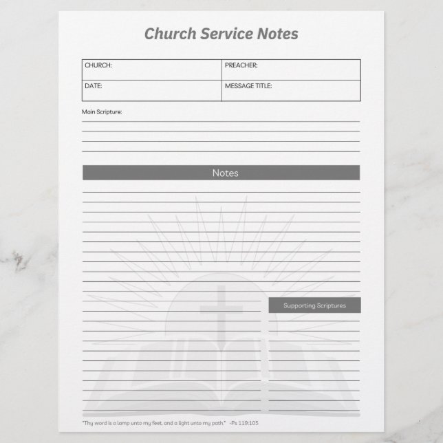 Papel Timbrado Bíblia Cristã de Notas Cinzas do Serviço de Igreja (Frente)