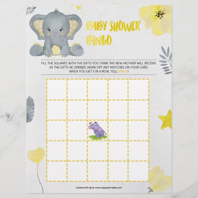 Papel Timbrado Bingo chá de fraldas [Elefante Bebê [Amarelo] (Frente)