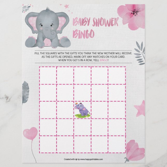 Papel Timbrado Bingo chá de fraldas [Elefante Bebê [Rosa]] (Frente)