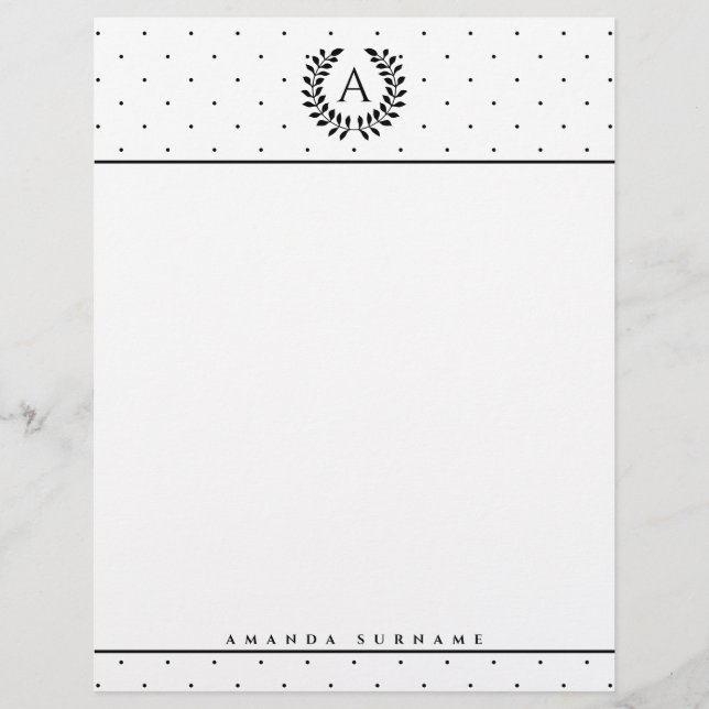 Papel Timbrado Black And White Laurel Monogram Polka Dot Pattern (Frente)