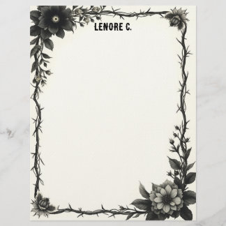 Papel Timbrado Black & Gray Flowers Thorny Frame Stationery Paper