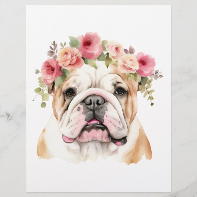 Papel Timbrado Boho Bulldog Flor Crown Watercolor (Frente)