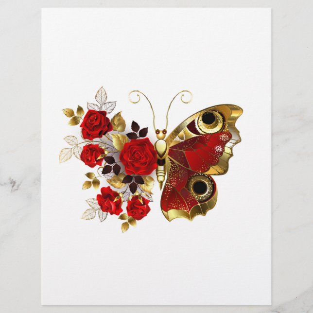 Papel Timbrado Borboleta de flor vermelha com rosas vermelhas (Frente)