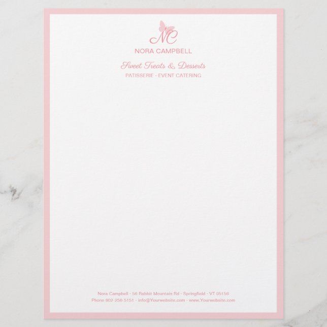 Papel Timbrado Borboleta Elegante Monograma Girly Peach Border (Frente)