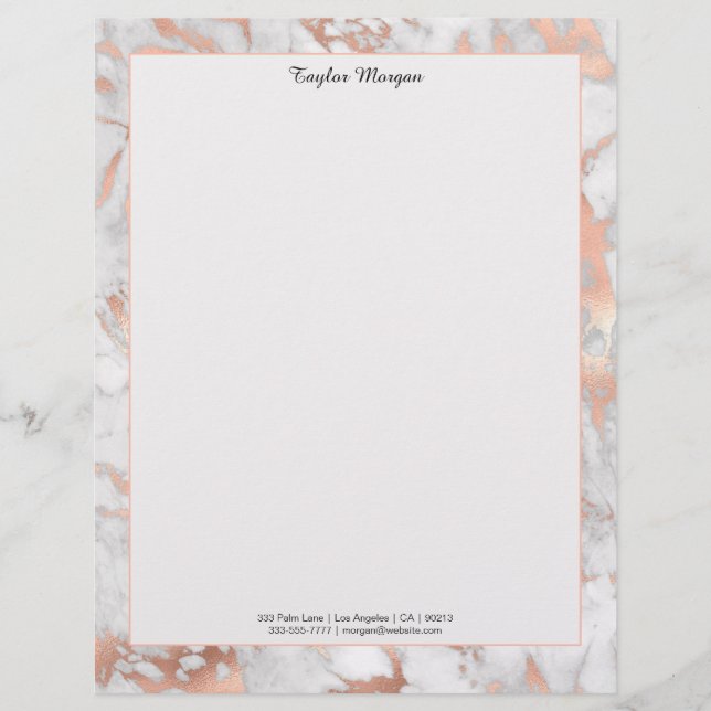 Papel Timbrado Borda de mármore branca e Rosa Dourada, nome/infor (Frente)