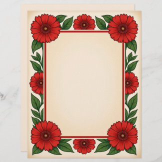 Papel Timbrado Bright Red Flowers & Frame Stationery Paper