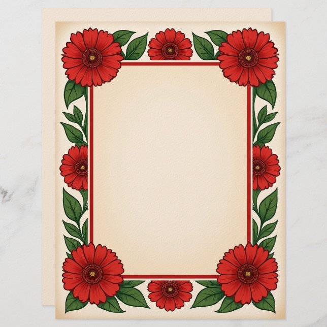 Papel Timbrado Bright Red Flowers & Frame Stationery Paper (Frente/Verso)