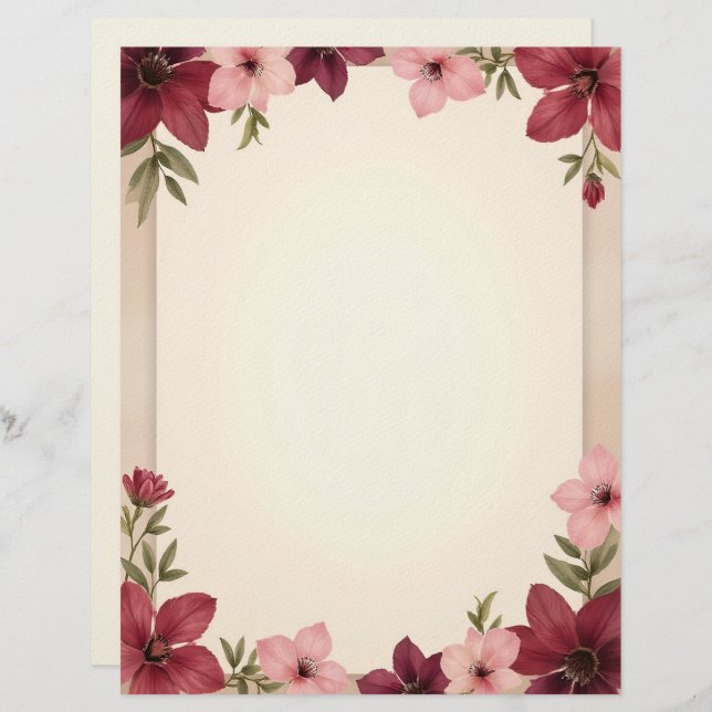 Papel Timbrado Burgundy and Pink Border Stationery Paper (Frente/Verso)