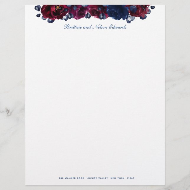 Papel Timbrado Burgundy Bordeaux Sapphire Peony Floral (Frente)