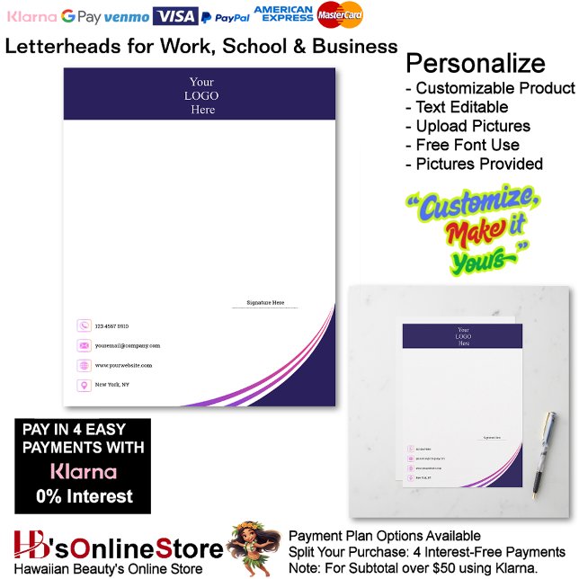 Papel Timbrado Business Navy Pink Purple Logo Brand Signature (Business Navy Pink Purple Logo Brand Name Letterhead.)
