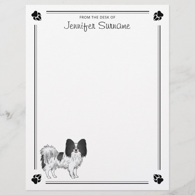 Papel Timbrado Cachorro Papillon Preto E Branco Com Patas E Texto (Frente)