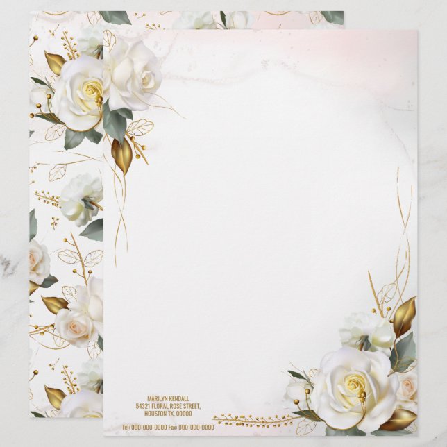 Papel Timbrado Casamento Dourado Floral Rosa Branca Romântica (Frente/Verso)
