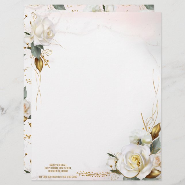 Papel Timbrado Casamento Dourado Floral Rosa Branca Romântica (Frente/Verso)