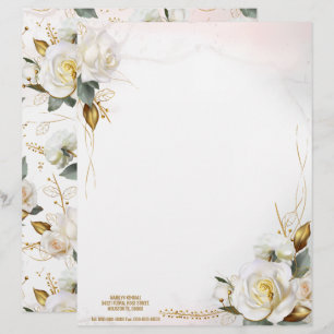 Papel Timbrado Casamento Floral Romântico em Branco e Dourado