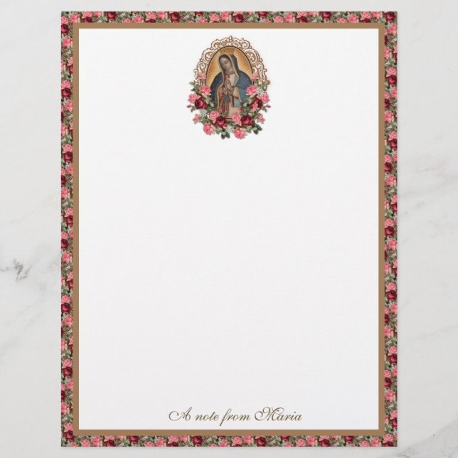 Papel Timbrado Catholic Virgin Mary Guadalupe Roses Stationery (Frente)