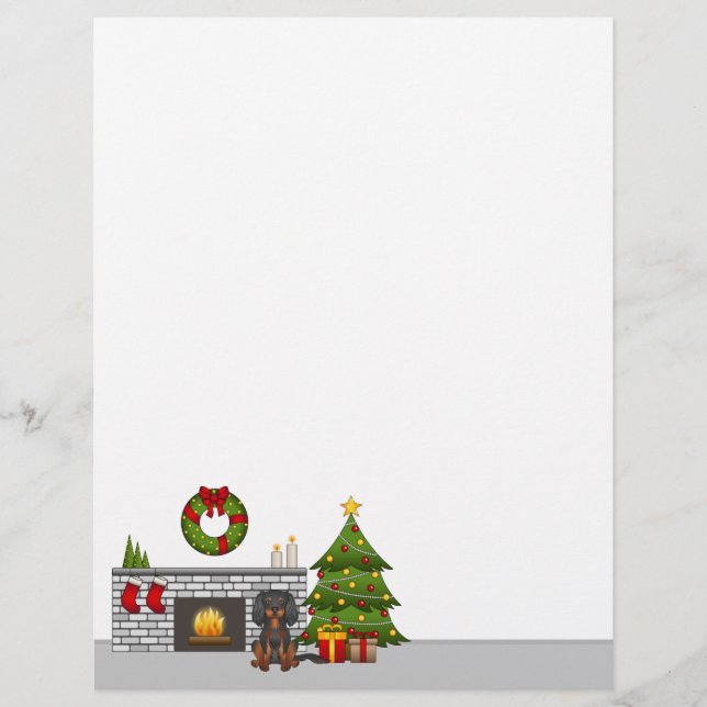 Papel Timbrado Cavalier Black & Tan em uma Sala de Natal Festiva (Frente)