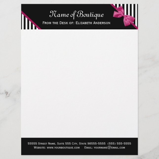 Papel Timbrado Chic Boutique Black and White Stripes Fita Rosa (Frente)