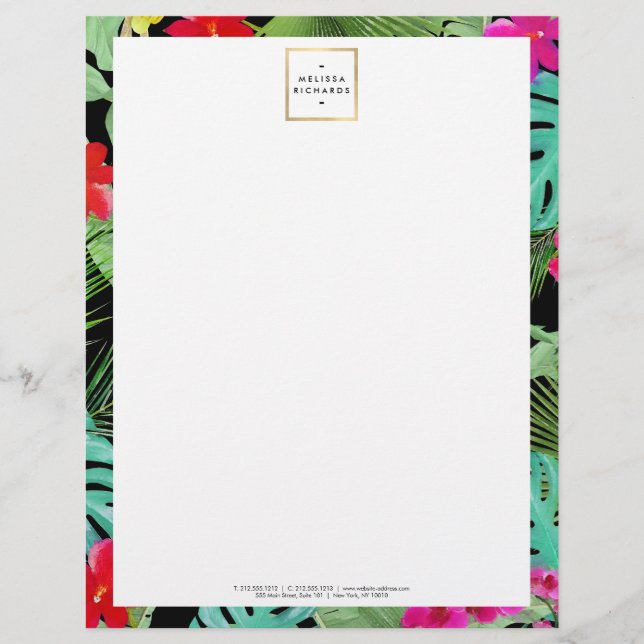 Papel Timbrado Chic Tropical Impressão Watercolor Designer Preto (Frente)