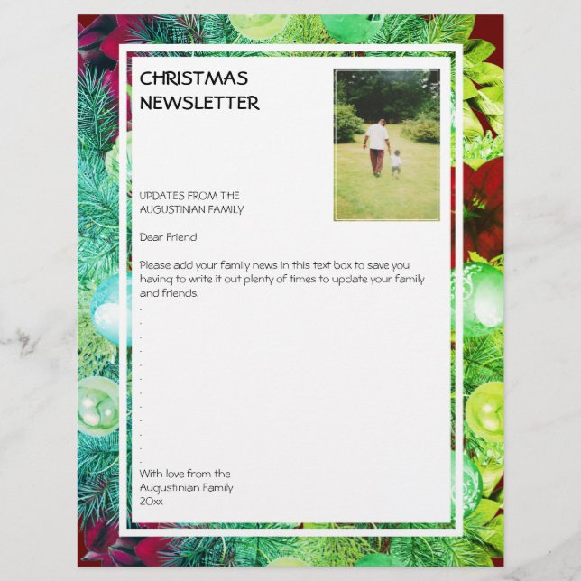 Papel Timbrado CHRISTMAS NEWSLETTER | Festivo Wreath com Foto (Frente)