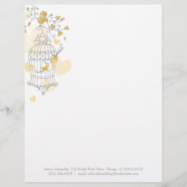 Papel Timbrado cinza amarela, duas aves abrem cabeça-de-gaiola