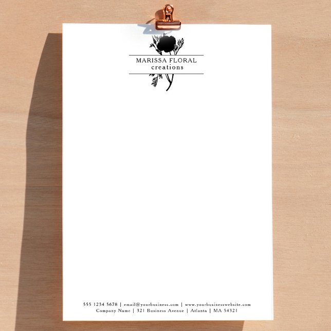 Papel Timbrado Compro de Flor Botânica Florista Preto Elegante (Elegant Black White Florist Botanical Flower Shop Letterhead)