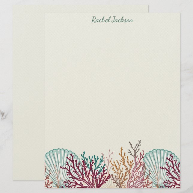 Papel Timbrado Conchas de Escalope Azuis e Coral (Frente/Verso)