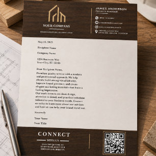 Papel Timbrado Construção de Código QR com Textura de Madeira Mod