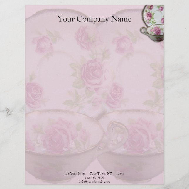 Papel Timbrado Copo de chá antigo do rosa do rosa no malva (Frente)