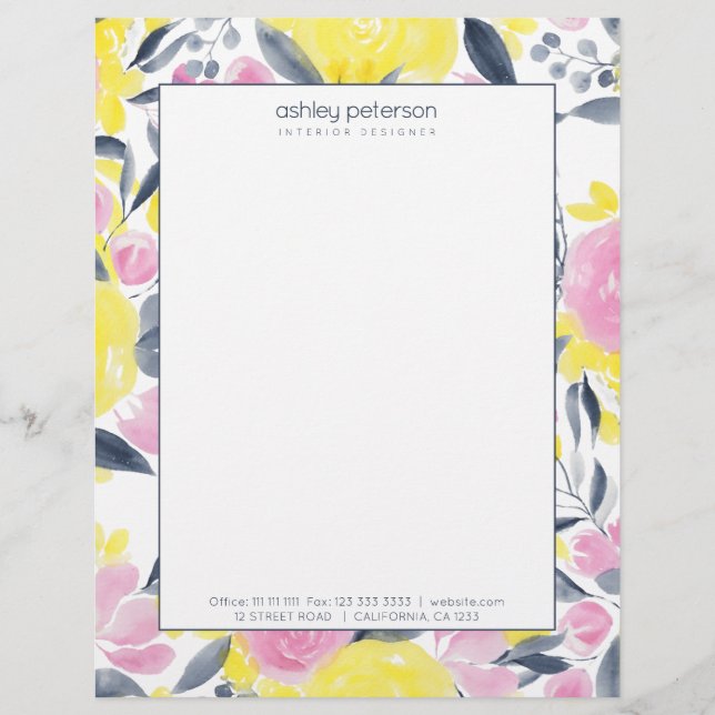 Papel Timbrado Cor de água floral azul-indigo amarelo-chic (Frente)