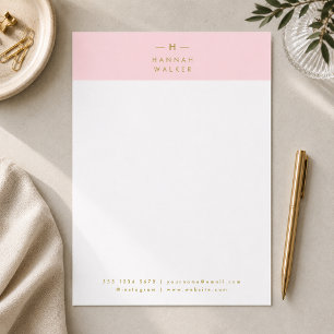 Papel Timbrado Cor-de-rosa-branco monograma Elegante Dourado Mi
