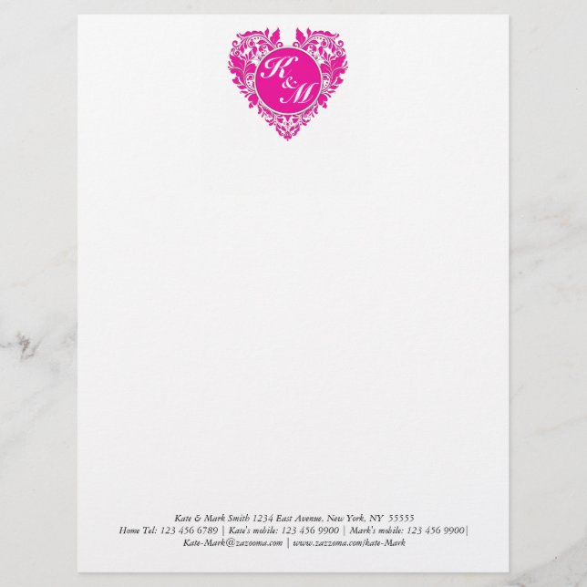 Papel Timbrado Coração Cor-de-Rosa Magenta e Damasco Branco (Frente)