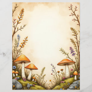 Papel Timbrado Cottagecore Mushroom and Wildflower Stationery Bor