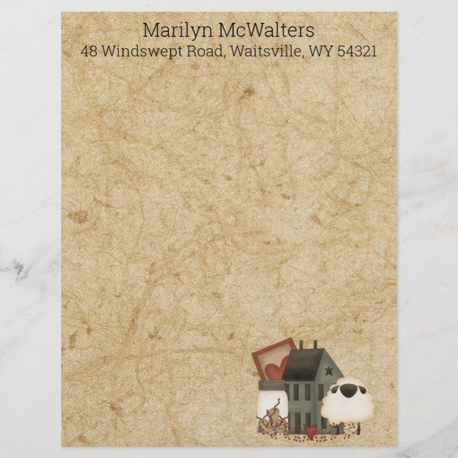 Papel Timbrado Country Prim Folk Art Saltbox, Ovinos (Frente)