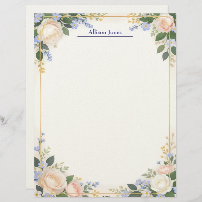 Papel Timbrado Cream and Blue Floral with Gold Frame Stationery (Frente/Verso)