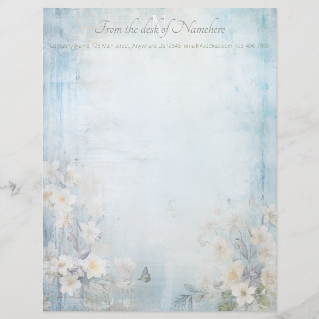 Papel Timbrado Create Your Own Blue Shabby Chic Buttefly Flowers (Frente)