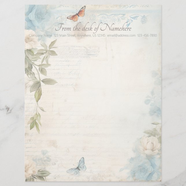 Papel Timbrado Create Your Own Blue Shabby Chic Buttefly Roses (Frente)