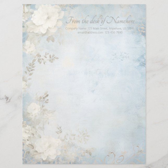 Papel Timbrado Crie Seu Próprio Azul Desbotado Chic Flores Branca (Frente)