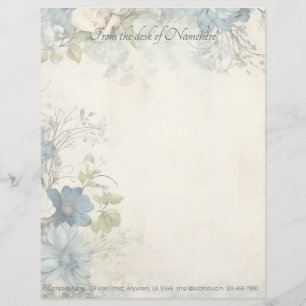 Papel Timbrado Crie Seu Próprio Cosmos Floral Azul Charme Antigo