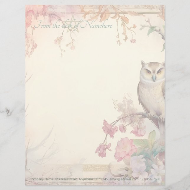 Papel Timbrado Crie Seu Próprio Design Místico de Coruja Rosa Flo (Frente)