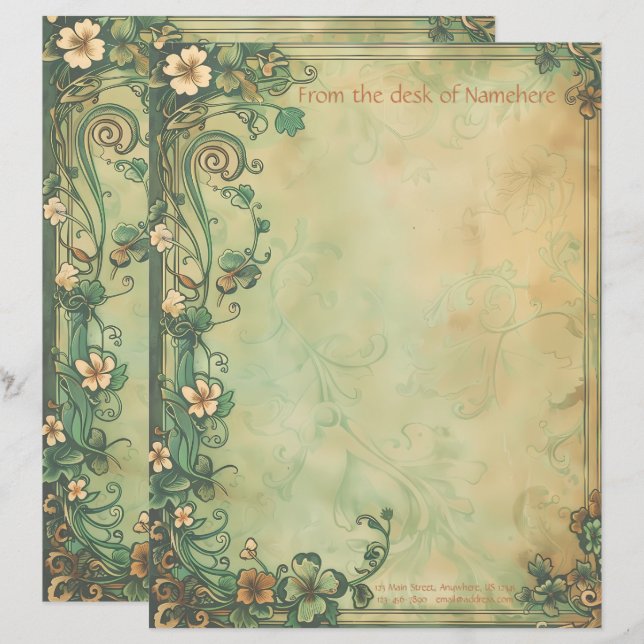 Papel Timbrado Crie Seu Próprio Trevo da Sorte Verde Dourado (Frente/Verso)