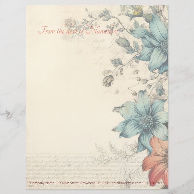 Papel Timbrado Crie Suas Próprias Flores Vitorianas Laranja Azul (Frente)