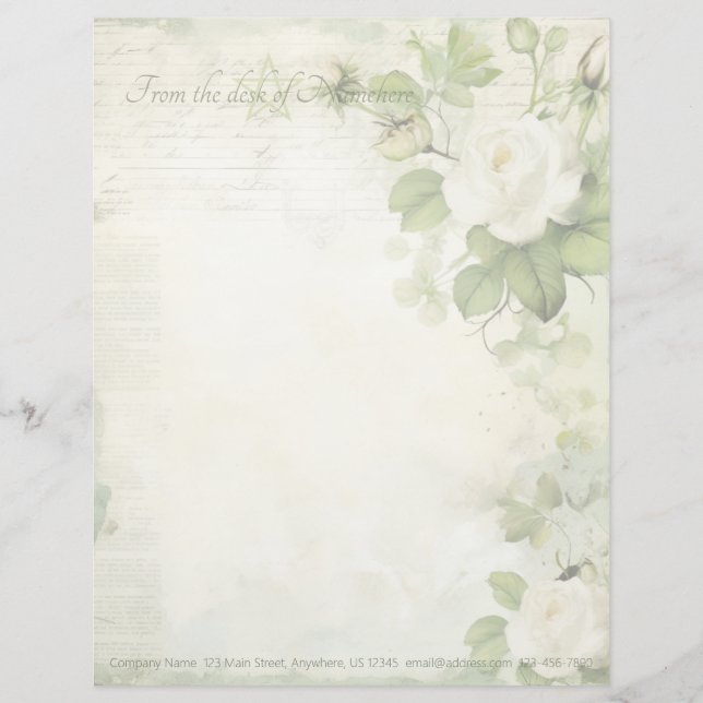 Papel Timbrado Crie Suas Próprias Rosas Brancas Rústicas Verdes (Frente)