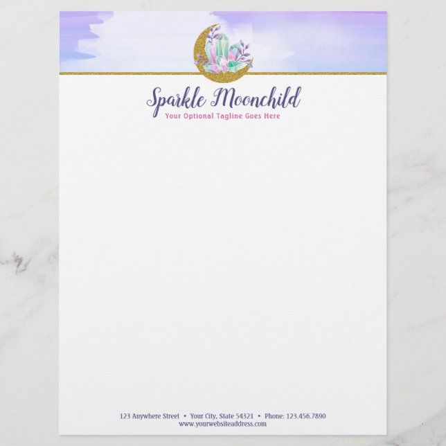 Papel Timbrado Cristais de Aquarela & Lua Crescente Dourada Bouti (Frente)