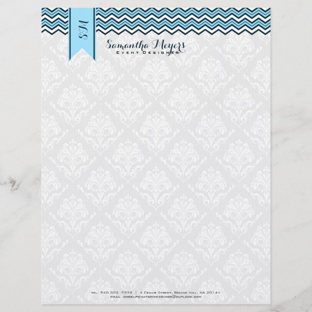 Papel Timbrado Damáscaras E Chevron Azul E Branco (Frente)