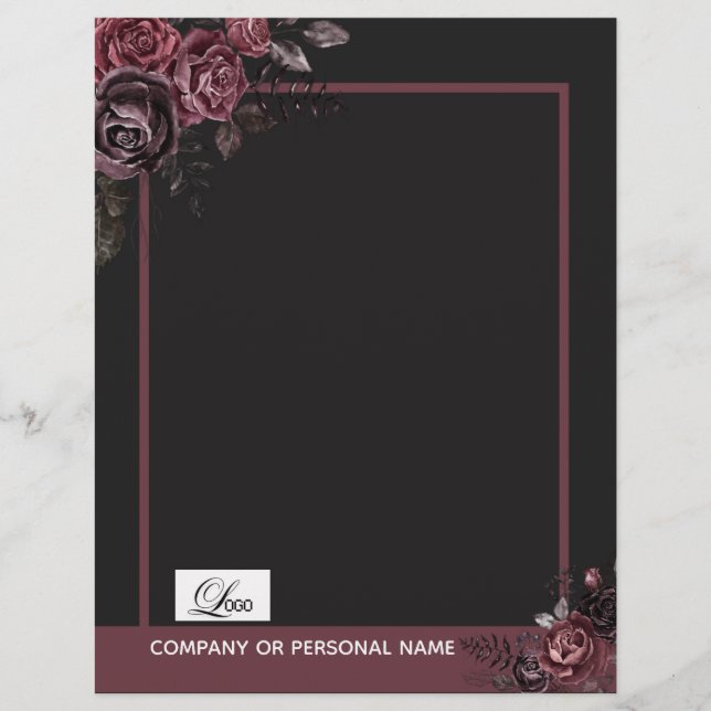 Papel Timbrado Desenho Floral de Rosa Preta Romântica e Sofistica (Frente)