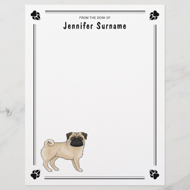 Papel Timbrado Design de Raça de Cachorro Fawn Pug Dog Cute Mops (Frente)