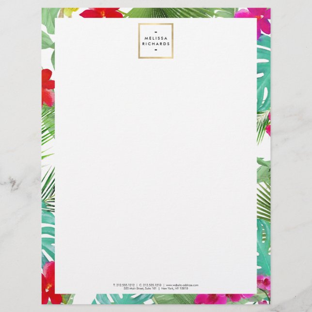 Papel Timbrado Designer de Aquarela de Impressão Tropical Chic (Frente)